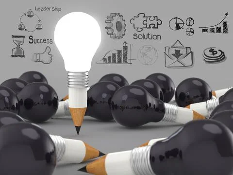 Creative design business as pencil lightbulb 3d as business design Stock Illustration