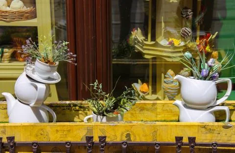 Creative design of cafe window on Katedralna Square in Lviv, Ukraine Stock Photos
