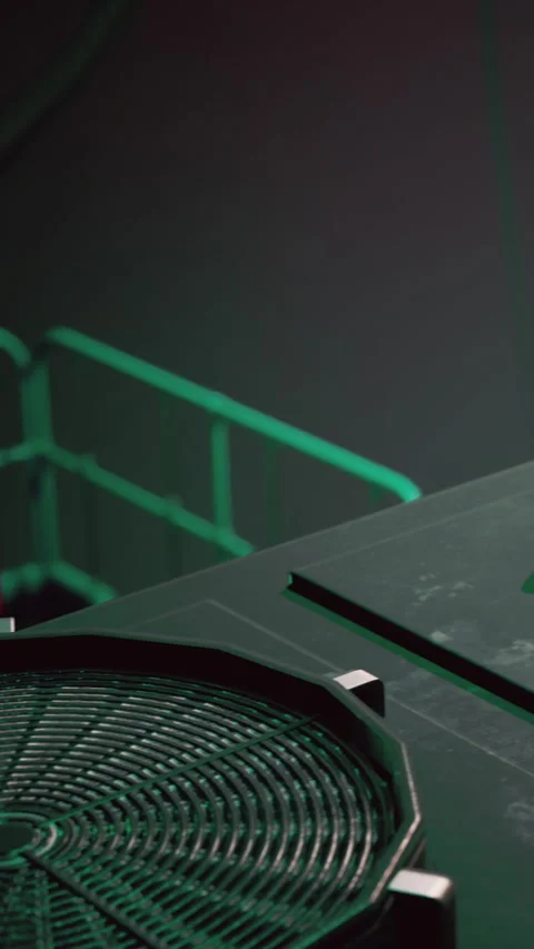 Creative design of a circular platform with green lighting in a dark space Stock Footage 338426521