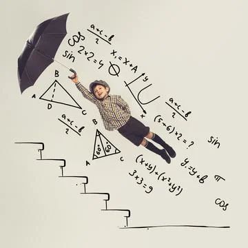 Creative design with drawn elements. Little boy, child flying with umbrella over Stock Photos