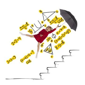 Creative design with drawn elements. Little girl, child flying with umbrella Stock Photos