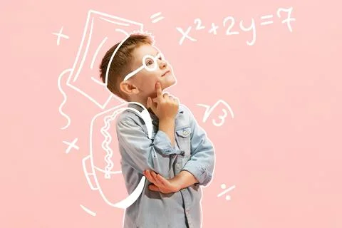 Creative design with drawn elements. Little thoughtful boy counting mathematics Stock Photos