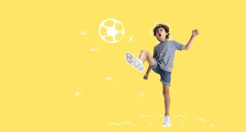 Creative design with drawn elements. Little active boy, child playing over Stock Photos