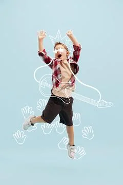 Creative design with drawn elements. Portrait of cheerful little boy, child Stock Photos