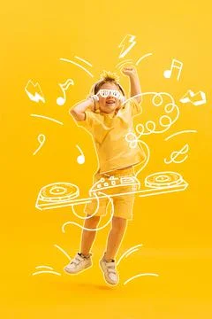 Creative design with drawn elements. Portrait of happy little boy, child posing Stock Photos