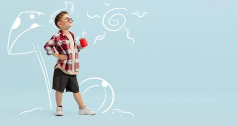 Creative design with drawn elements. Portrait of stylish little boy, child Stock Photos