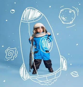 Creative design with drawn elements. Portrait of little boy, child in costume of Stock Photos