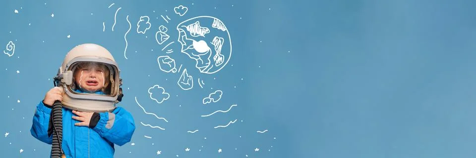 Creative design with drawn elements. Portrait of little boy, child in costume of Stock Photos