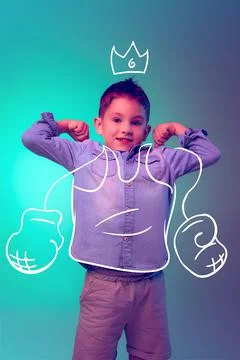 Creative design with drawn elements. Portraits of little boy, child dreaming to Stock Photos