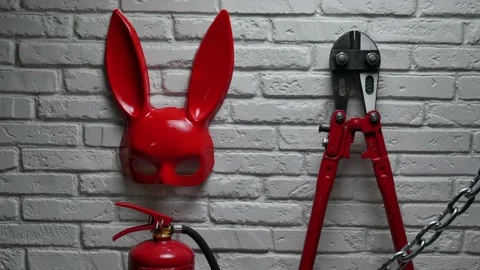 Creative design of a fire brick wall with a rabbit mask, fire extinguishers and Stock Footage 142734623
