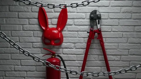 Creative design of a fire brick wall with a rabbit mask, fire extinguishers and Stock Footage 142734649
