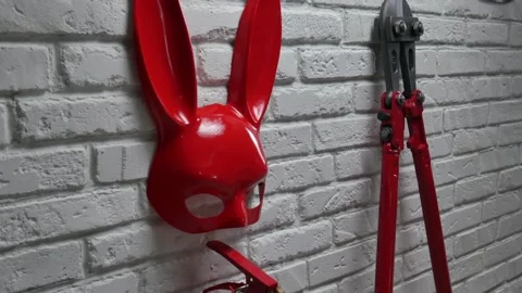 Creative design of a fire brick wall with a rabbit mask, fire extinguishers and Stock Footage 142734717