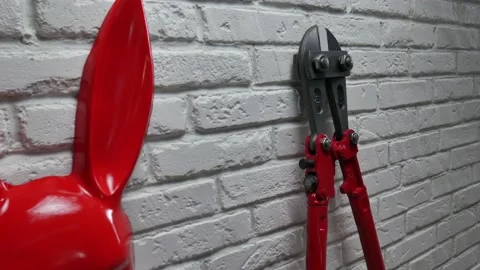 Creative design of a fire brick wall with a rabbit mask, fire extinguishers and Stock Footage 142734749