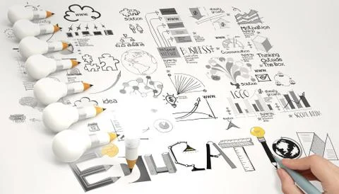 Creative design hand drawn education  word and light bulb 3d as concept 스톡 일러스트