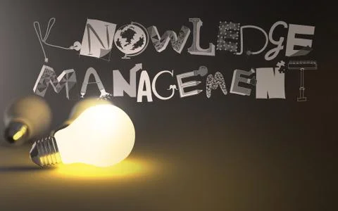 Creative design hand drawn knowledge manegement word and light bulb 3d as con Stock Illustration