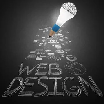 Creative design hand drawn web icon as pencil lightbulb brain 3d as web desig Stock Illustration