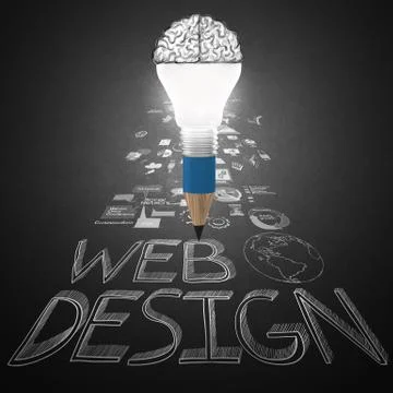 Creative design hand drawn web icon as pencil lightbulb brain 3d as web desig Stock Illustration