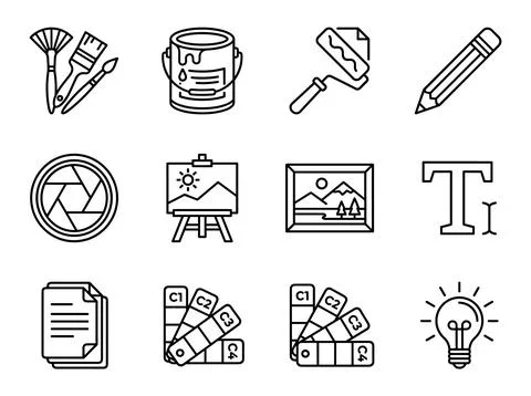 Creative design icons set including paint brushes, can of paint, roller, pe.. Stock Illustration