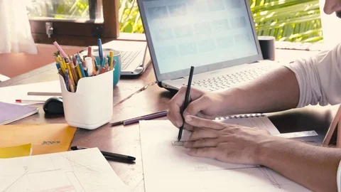 Creative design men develop ideas and looking laptop Stock Footage 73131704