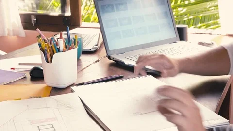 Creative design men develop ideas and looking laptop Stock Footage 73132783