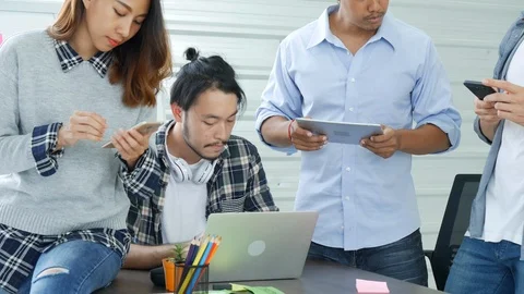 Creative design office center working teamwork. Happy business people partner pl Stock Footage 124297236