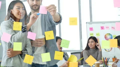 Creative design office center working teamwork. Happy business people partner pl Stock Footage 151129281