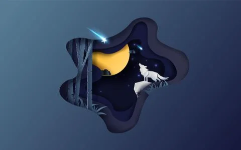 Creative design Paper art of full moon autumn with wolf howling at night Stock-Illustration