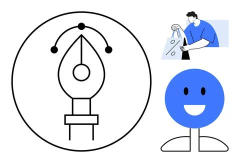 Creative Design Pen Tool with Shopping and Happy Face Elements Illustrazione stock