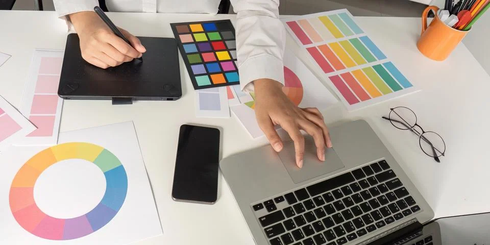 Creative design process in graphic design workspace office environment digital Stock Photos