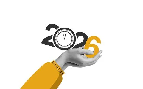 Creative design showcasing a hand presenting the year 2026 alongside a cloc.. Stock Illustration