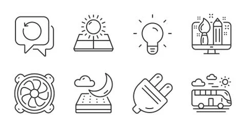 Creative design, Sun energy and Night mattress icons set. Computer fan, Bus Stock-Illustration