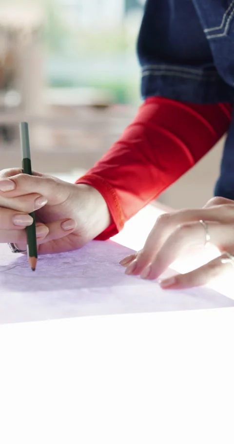 Creative, design table and hands of woman designer in office for drafting, Stock Footage 327961264
