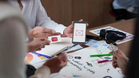 Creative design team prototyping mobile app interface with smartphone and paper Stock Photos