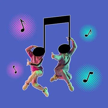 Creative design of two people in motion, dancing isolated over purple background Foto stock