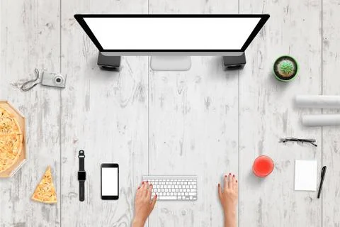 Creative designer, programmer, blogger desk. Woman work on computer. Smart ph Stock Photos