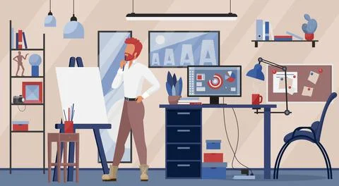 Creative designer studio workplace, cartoon man illustrator standing at easel Stock Illustration