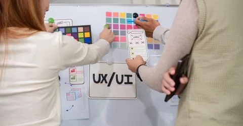 Creative designer team leader presentation on application design and ux ui 写真素材