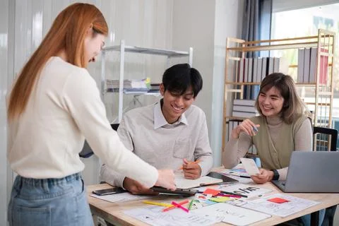 Creative designer team leader presentation on application design and ux ui Stock Photos