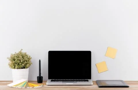 Creative designer workspace mockup with desktop computer screen isolated. Stock Photos
