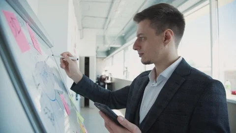 Creative designer writing notes on white board standing in office room. slow Stock-Footage 119462266
