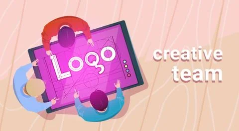 Creative Designers Team Working Sit At Desk Together Create Web Logo On Digital Stock Illustration