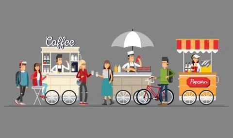 Creative detailed vector street coffee cart, popcorn and hotdog shop with Stock Illustration