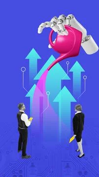 Creative digital artwork. 3D robot hand watering upward arrows near business Stock Photos