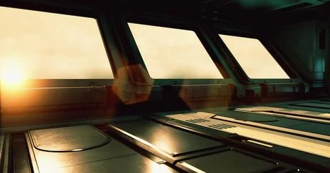 Creative digital artwork of futuristic interior with sunrise view Stock Illustration