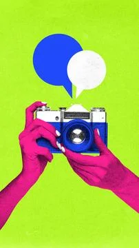 Creative digital artwork. Retro camera held with chat bubbles in vivid photocopy Stock Photos