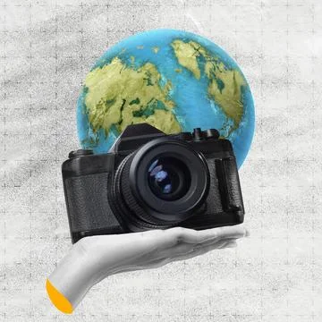 A creative digital collage featuring a hand holding a vintage black photo c.. Stock Photos