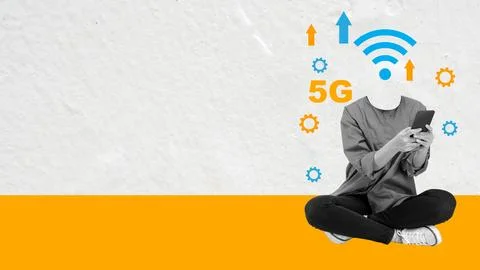 Creative digital collage featuring a person with a Wi-Fi head using a smart.. Stock Photos