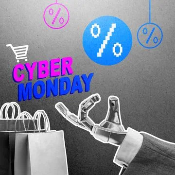 Creative digital collage featuring a robotic hand, shopping bags, and perce.. Stock Photos
