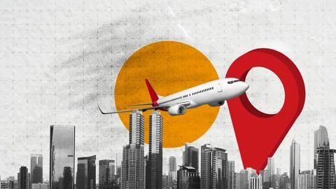 Creative digital collage featuring a white airplane flying over a black and.. Fotos Stock
