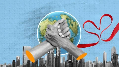 A creative digital collage representing global cooperation, partnership, an.. Stock Photos